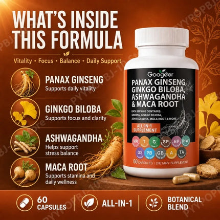 Botanical All in 1 Blend with Panax Ginseng Ginkgo Biloba Ashwagandha Maca Root Supports Daily Vitality Focus 60 Capsules