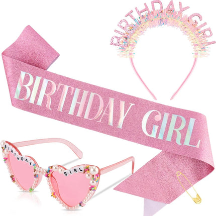 Birthday Girl Sash Glitter Headband Tiara Crown Sunglasses Pink Happy Birthday Decorations Party Favors Accessories