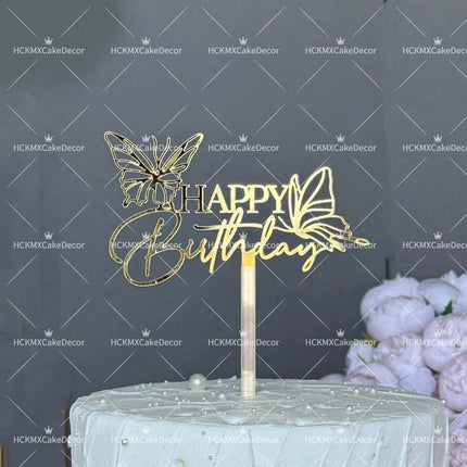 3PCS Gold Acrylic Happy Birthday Cake Topper with Line Art Flower Elegant Floral Cake Decoration for Birthday Party