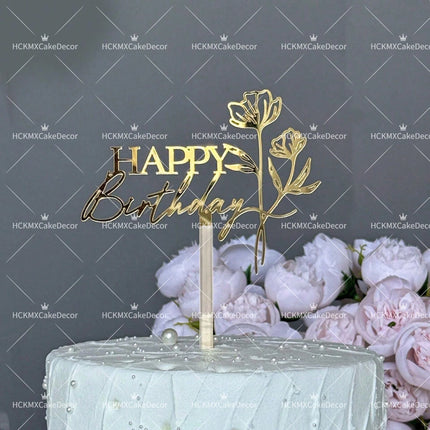 3PCS Gold Acrylic Happy Birthday Cake Topper with Line Art Flower Elegant Floral Cake Decoration for Birthday Party