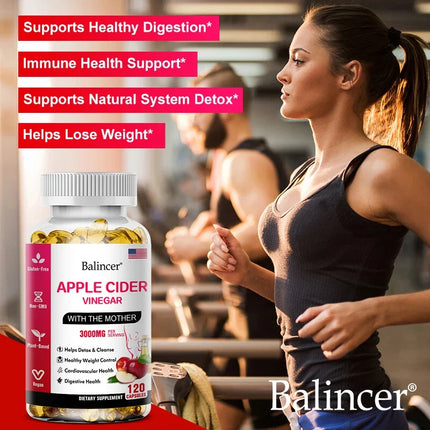 Balincer Apple Cider Vinegar Capsules 3000mg, Detox & Cleanse, Fat Burning, Healthy Weight Management Supplement Non-GMO