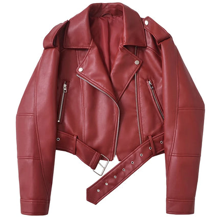 Ailegogo Spring Autumn Women Faux Pu Leather Short Jacket with Belt Motorcycle Biker Female Zipper Lapel Loose Coat Outwear