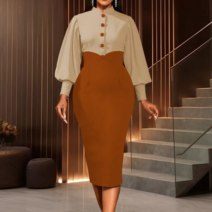 Women Elegant Church Dresses Mock Neck Long Lantern Sleeves Buttom Up ColorBlock Package Hip Party Office Ladies Business Wear