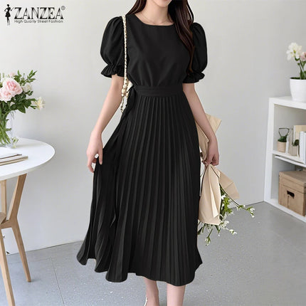 2026 ZANZEA Elegant Pleated Dress Women Summer Sundress Short Puff Sleeve Midi Dresses Solid A Line Work Vestidos Holiday Robe