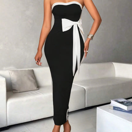 Ladies Fashion Elegant Color Block Knot Design One Shoulder Dress Stylish Graceful Versatile Butterfly Bow Dress for Women