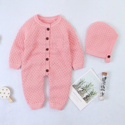Unisex Baby Cotton Knit Romper with Hat for Fall & Winter Boys & Girls Solid Bodysuit Halloween Outward Long Sleeve Jumpsuit