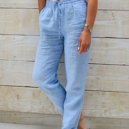 Cotton Linen Summer Pants for Women High Waist Elastic Casual Trousers Streetwear Solid Female Clothes 2026 Loose Pencil Pants