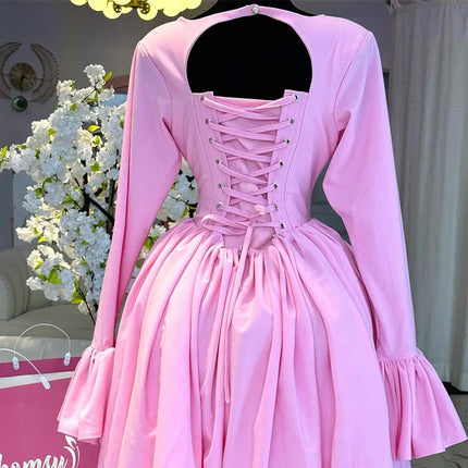 Mid Length Dress Women A Line Dresses Pleated Round Neck Casual Elegant Pink Party Vestidos High Waist Night Wedding Lace Up