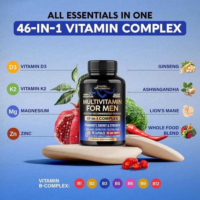 Multivitamin for Men - Energy, Focus & Brain | Men's Health Complex - 46in1 Mens Multivitamin - 90 Capsules, 1/Day