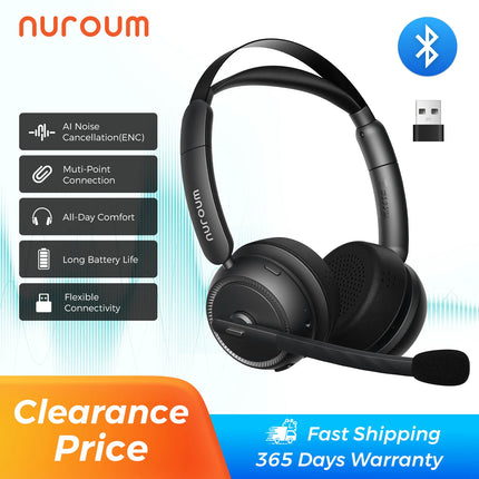 Nuroum Bluetooth 5.3 Over‑Ear Wireless Headset ENC Noise Cancelling Microphone USB Dongle Independent Mute Button Multi‑Point Connection Business Headphones for Call Center Work From Home PC Laptop Desktop Mac Zoom Micros
