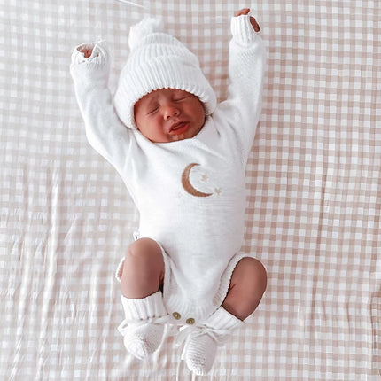 Ylsteed Knitted Newborn Photography Outfits Embroidery Moon Star Romper with Pom Hat  Baby Boy Girl Jumpsuit for Photo Shooting