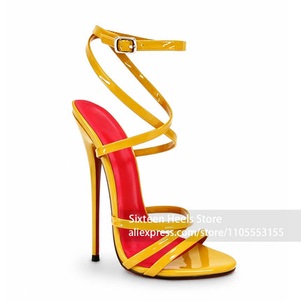 16cm Patent Leather Strappy Stiletto Sandals Ankle Strap Super High Heel Shoes Multi Crisscross Straps Lacquered Heel Sandals