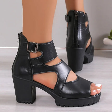 High Heel Sandals Female Sexy Black Square Buckle Chunky Heel Platform Shoes Summer Back Zipper Women Sandals Sandalias De Mujer