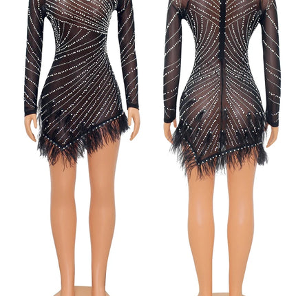 HBLL Sexy Pearls Rhinestone Party Dresses Women Elegant Nightclub Feather Birthday Dress Long Sleeve Mesh Sheer Bodycon Dress