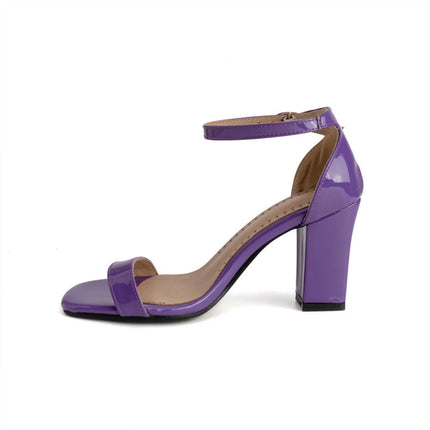 Women Patent Leather Block Heel Sandals, Open Toe Ankle Strap 8.5cm High Heels Multicolour Plus Size 32-54 Party Shoes M2011-1