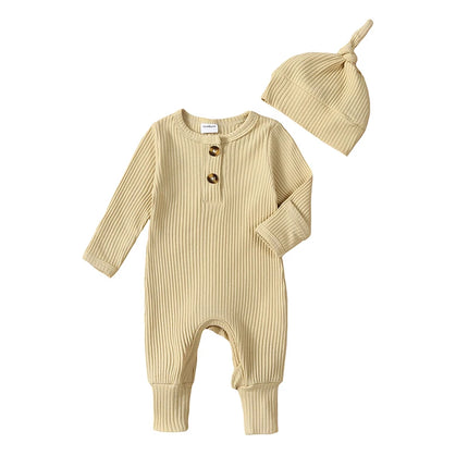 Newborn Baby Boy Clothing Outfits Solid Color Ribbed Long Sleeve Romper Jumpsuit with Hat for Infant Toddler Fall Clothes