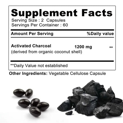 Activated Charcoal Capsules 1200 Mg - Organic Coconut Shell, Helps Relieve Gas & Bloating, Detox & Bowel, Digestive Supplement