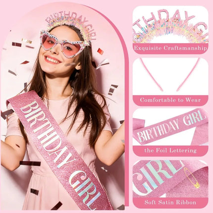 Birthday Girl Sash Glitter Headband Tiara Crown Sunglasses Pink Happy Birthday Decorations Party Favors Accessories