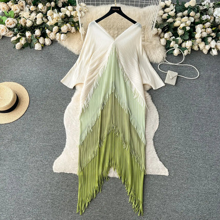 Miyake Tassel Patchwok Color Block Dress for Women Pleated Batwing Sleeve Mid-calf Dresses Fashion Female 2025 Summer