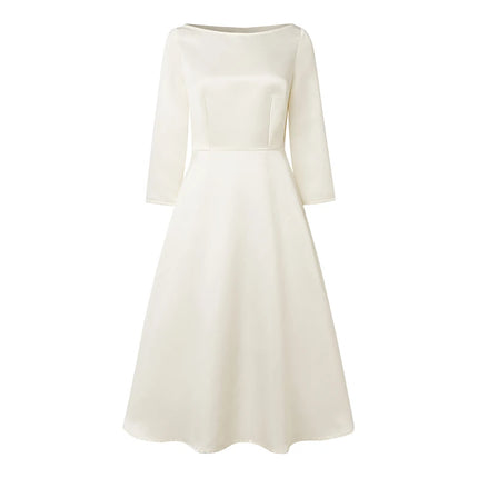 ZANZEA Elegant Satin Black Party Midi Dresses Women's Boatneck 3/4 Sleeve Fit and Flare A-Line Dress Wedding Guest Woman Clothes