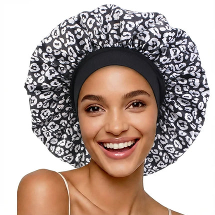 Leopard Print Satin Bonnet Sleeping Cap Shower Edge Wrap Cover Nightcap For Women Long Hair