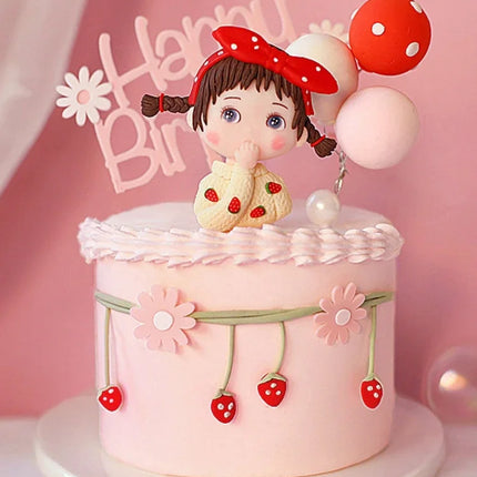 Cute Pink Girl Cake Topper Soft Taupo Point Bow Strawberry Playful Kids Doll Plug-in Party Dessert Cake Decoration Dress Up