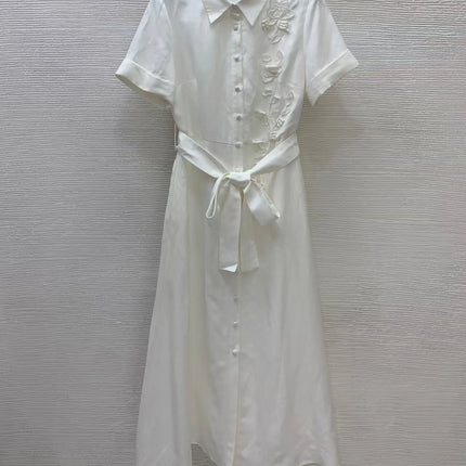 High quality women's 2026 new linen blend three-dimensional decal embroidery short sleeved lapel shirt dress with folded edges