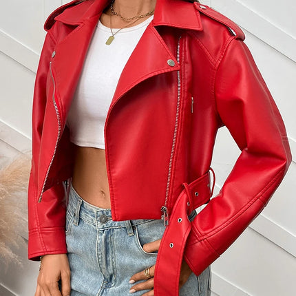 Ailegogo Spring Autumn Women Faux Pu Leather Short Jacket with Belt Motorcycle Biker Female Zipper Lapel Loose Coat Outwear