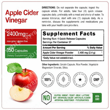 Apple Cider Vinegar Capsules Supports Healthy Digestion Metabolism 2400mg Per Serving for Adults 150 Capsules 4 Month Supply