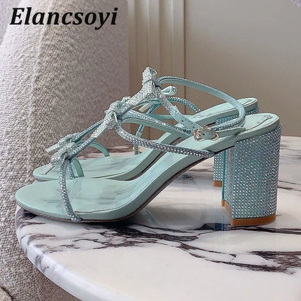 Chunky Heels Sandals Women's Shiny Rhinestone Bow-knot Open Toe Ankle Strap Sandalias Summer Fashion Party Wedding High Heels