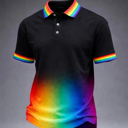 Men's Solid-Color Summer Casual Breathable Polo Shirt Rainbow Collar Fashion Polo Shirt Men's Striped Short-Sleeve Shirt