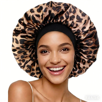 Leopard Print Satin Bonnet Sleeping Cap Shower Edge Wrap Cover Nightcap For Women Long Hair