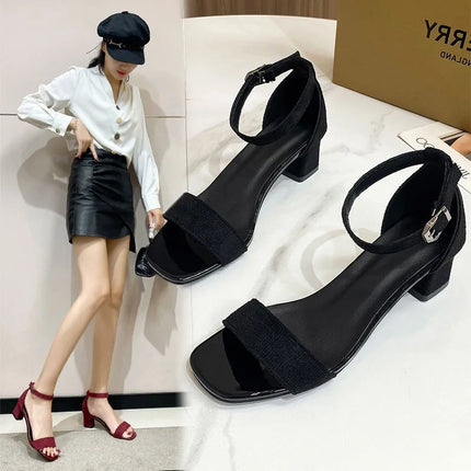 Women Heels Sandals 2025 New Summer Sandal Fashion Square Low Ladies Elegant Dress High Heels Sandal Shoes Outdoor Casual Slides