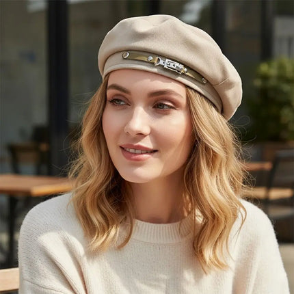 Retro Metal Buckle Retro Beret Cap Solid Color Warm Women Beret Face Little Beanie Cap Women Girls Wear