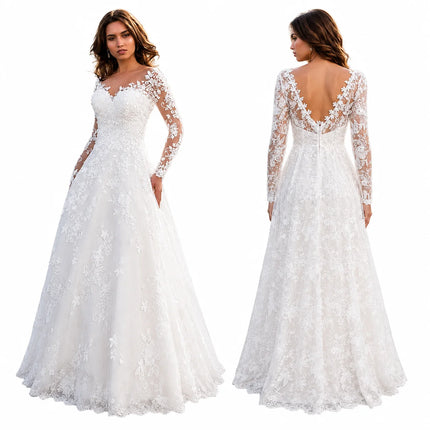 Elegant Lace Appliqué A-Line Wedding Dress for Women Long Sleeve Illusion V Neck Tulle Ball Gown with Pockets Floor Length Formal Evening Prom Dress
