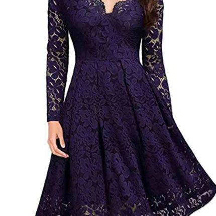 Women Lace A-Line Dress Spring Autumn V Neck Long Sleeve Lace Crochet Patchwork WineRed Slim Party Dresses JYFS-JY8858