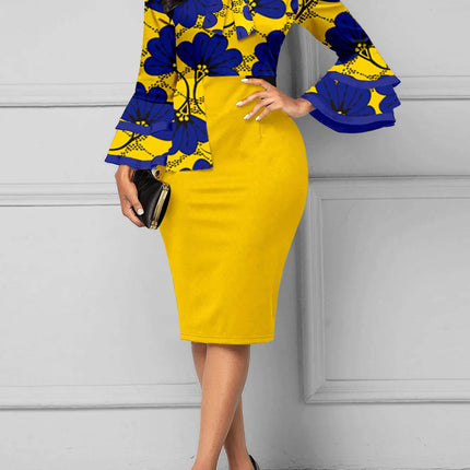 Women Long Sleeves Ethnic Floral Print Round Neck Autumn Knee Length Bodycon Dress Fashion Casual Commuter Party Pencil Dress