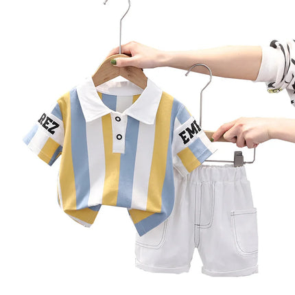 ‌New Boys Cotton Striped Shorts Set 2-Piece Summer Outfit Fashion Short Sleeve Casual Playwear Stylish Kids Clothing‌
