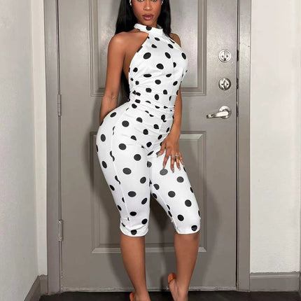 Polka Dot Off-Shoulder Long Sleeve Jumpsuit Women's Waist-Cinching Slim Fit Pleated Bodycon Backless Belted Ankle-Length Pant
