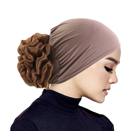 Women's Hijabs Turban Big Flower Elastic Cloth Hair Bands Hat Beanie Ladies Muslim Solid Hair Loss Scarf Cap Hair Accessories