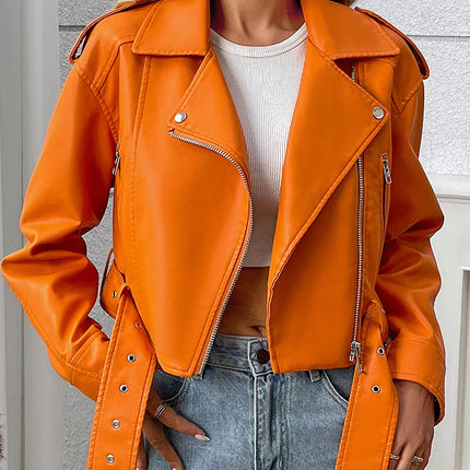 Ailegogo Spring Autumn Women Faux Pu Leather Short Jacket with Belt Motorcycle Biker Female Zipper Lapel Loose Coat Outwear