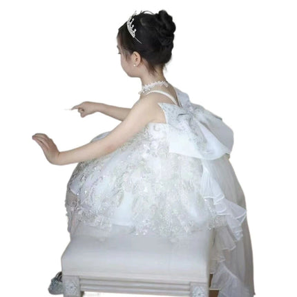 Girls' New Summer  Lace Strap Floral Bow Trailing Princess Dress