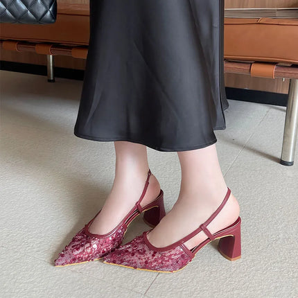 2026 New Fashion String Bead Women Square Heels Sandals Pointed Toe Pumps Slip On Dress Ladies High Heels Sandals Mules Shoes