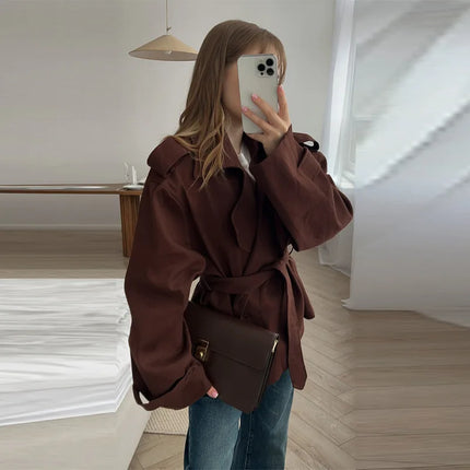 Women's Long-sleeve Collared Tie-front Jacket for Spring/Fall; A Stylish, Loose-fitting Coat.Available in Red,Apricot,Green,Blue