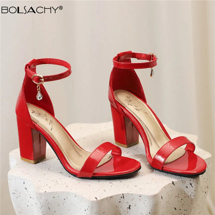 Women High Heels Sexy Sandals Open Toe Patent Leather Thick Heel Bridal Party Shoes Ladies Buckle Strap Gladiator Sandals Red