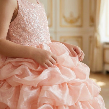 Pink Sequin Multi-layer Pleated Dress Flower Girl Dress Customized Ball Drss Children's Birthday Party First Communion Dress