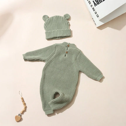 Ylsteed "Hello" Embroidery Knitting Newborn Birth Announcement Outfits Baby Bear Ears Photography Jumpsuit Infant Photo Props
