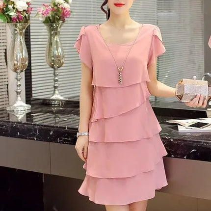 2026 Dress For Women Summer Wave Cut Ruffle Sweet Solid Short Sleeve Slim Dresses Lady Casual All-match Vestido O-Neck Chiffon