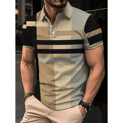Summer men's golf striped pattern polo short-sleeved polo shirt collar shirt business casual outdoor 3d printed geometric polo