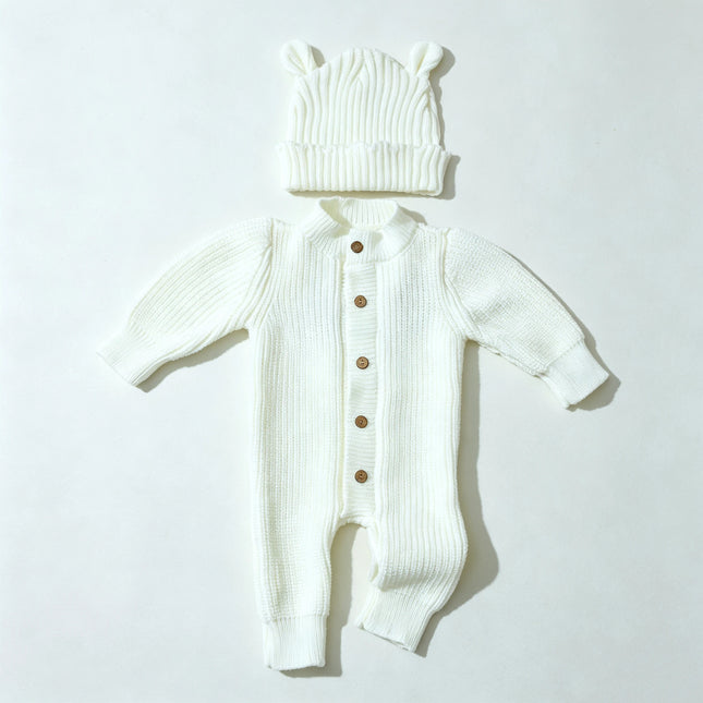 "little baby" Embroidery Knitting Newborn Birth Announcement Outfits Baby Bear Ears Photography Jumpsuit Infant Photo Props-HD